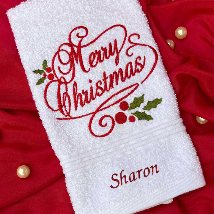 Personalized Merry Christmas Embroidered Towel & Candle Hamper | Secret Santa Gift Ideas | Set Of 3