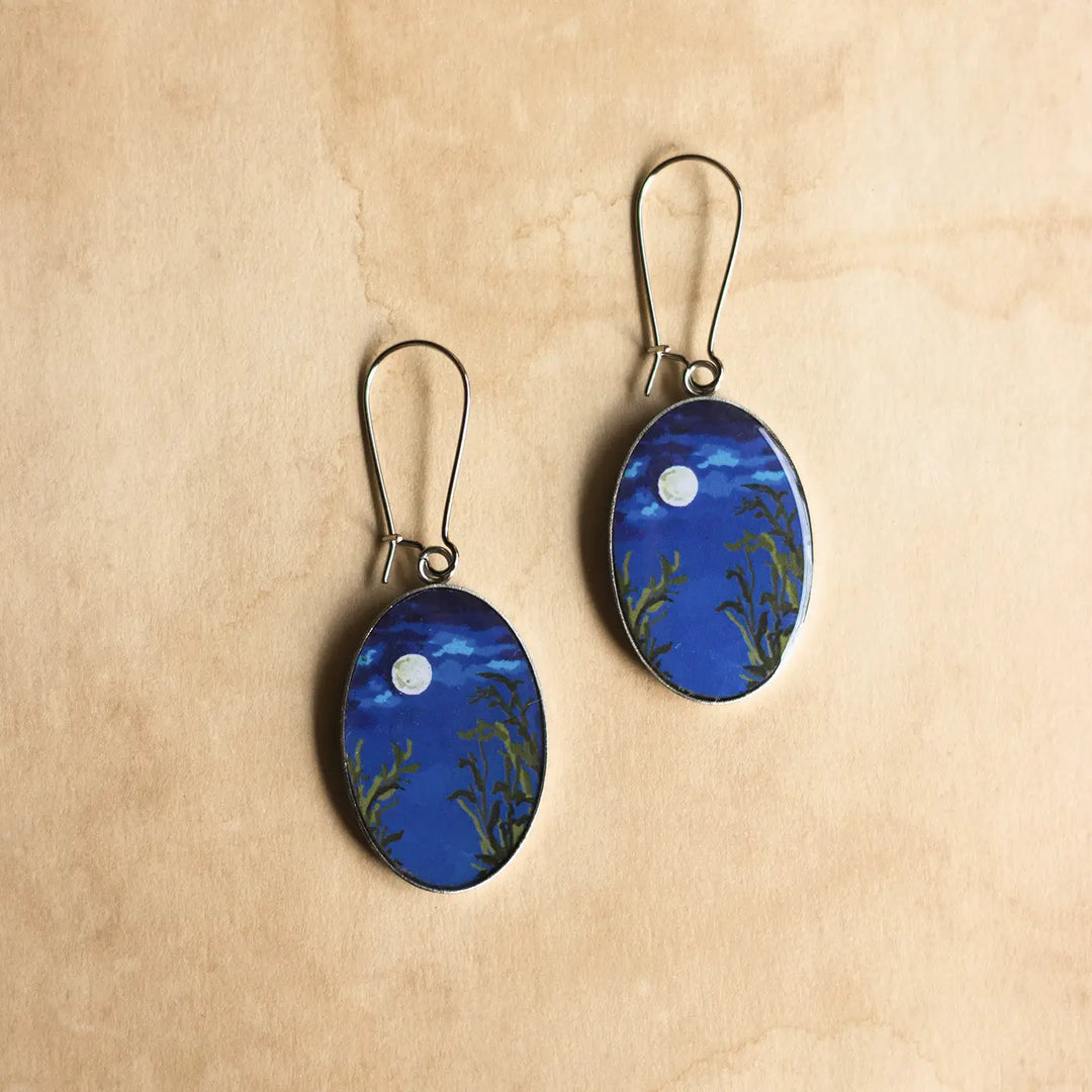 Illustrated Night Theme Moon Resin & Stainless Steel Earrings