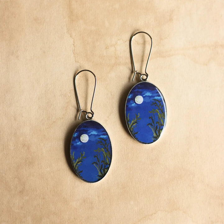 Illustrated Night Theme Moon Resin & Stainless Steel Earrings