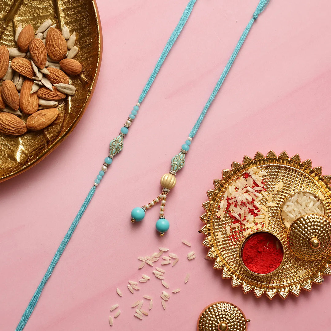 Handmade Beaded Blue Bhaiya Bhabhi Rakhi With Roli Chawal | Set Of 2