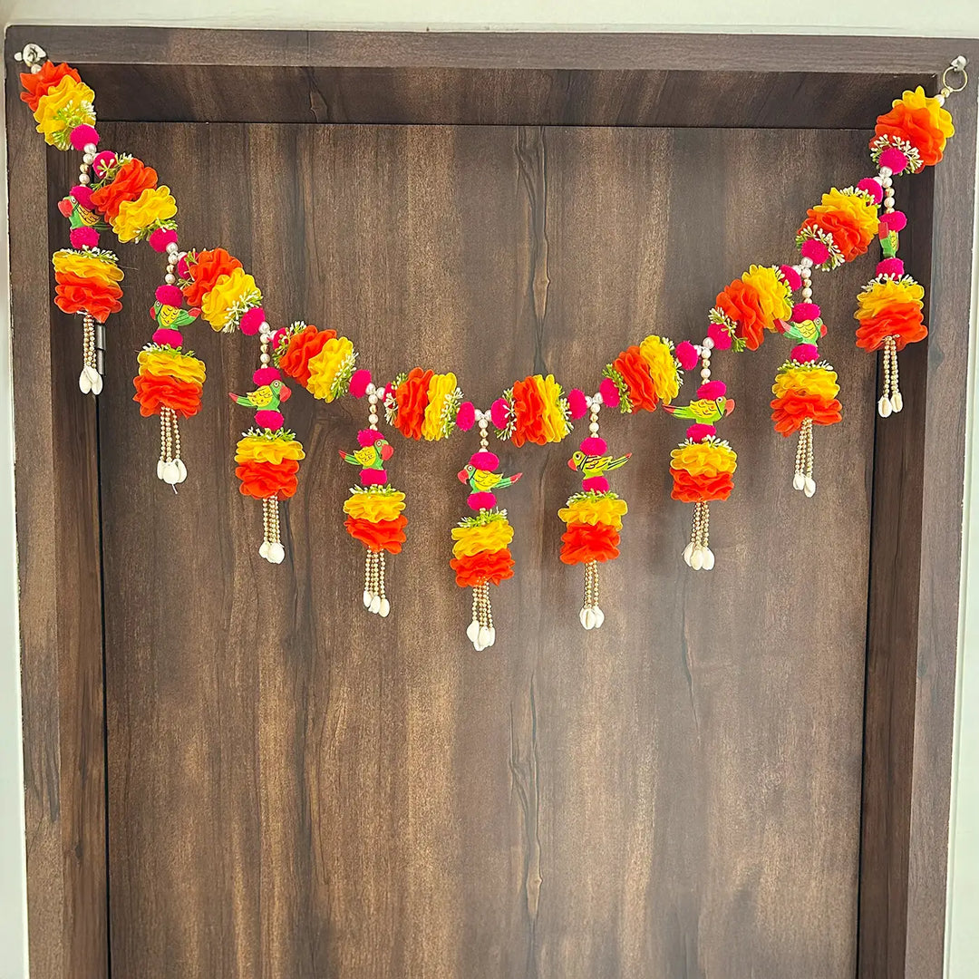Handmade Yellow & Orange Flowers With Parrot Toran