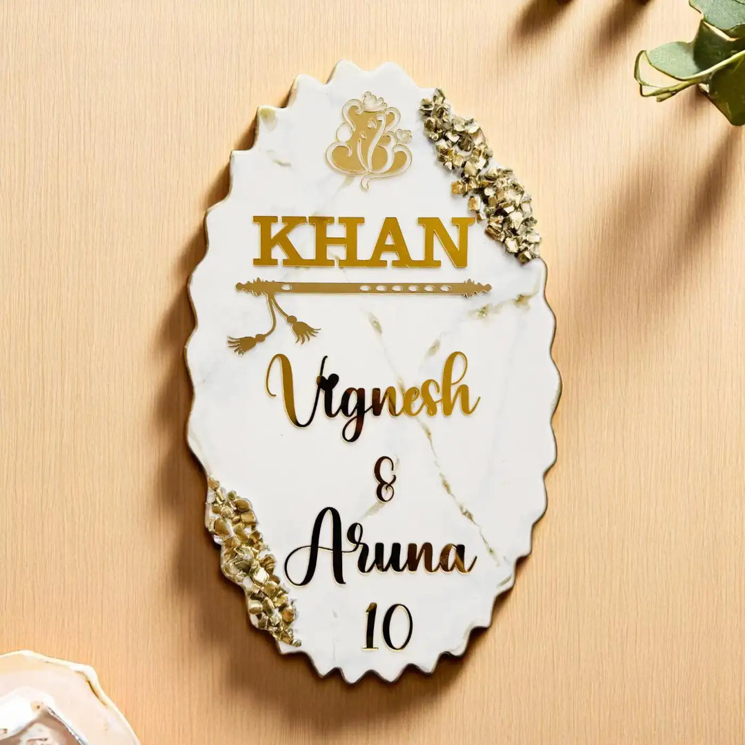 Personalized Gold & White Ganesha Theme Resin Name Plate