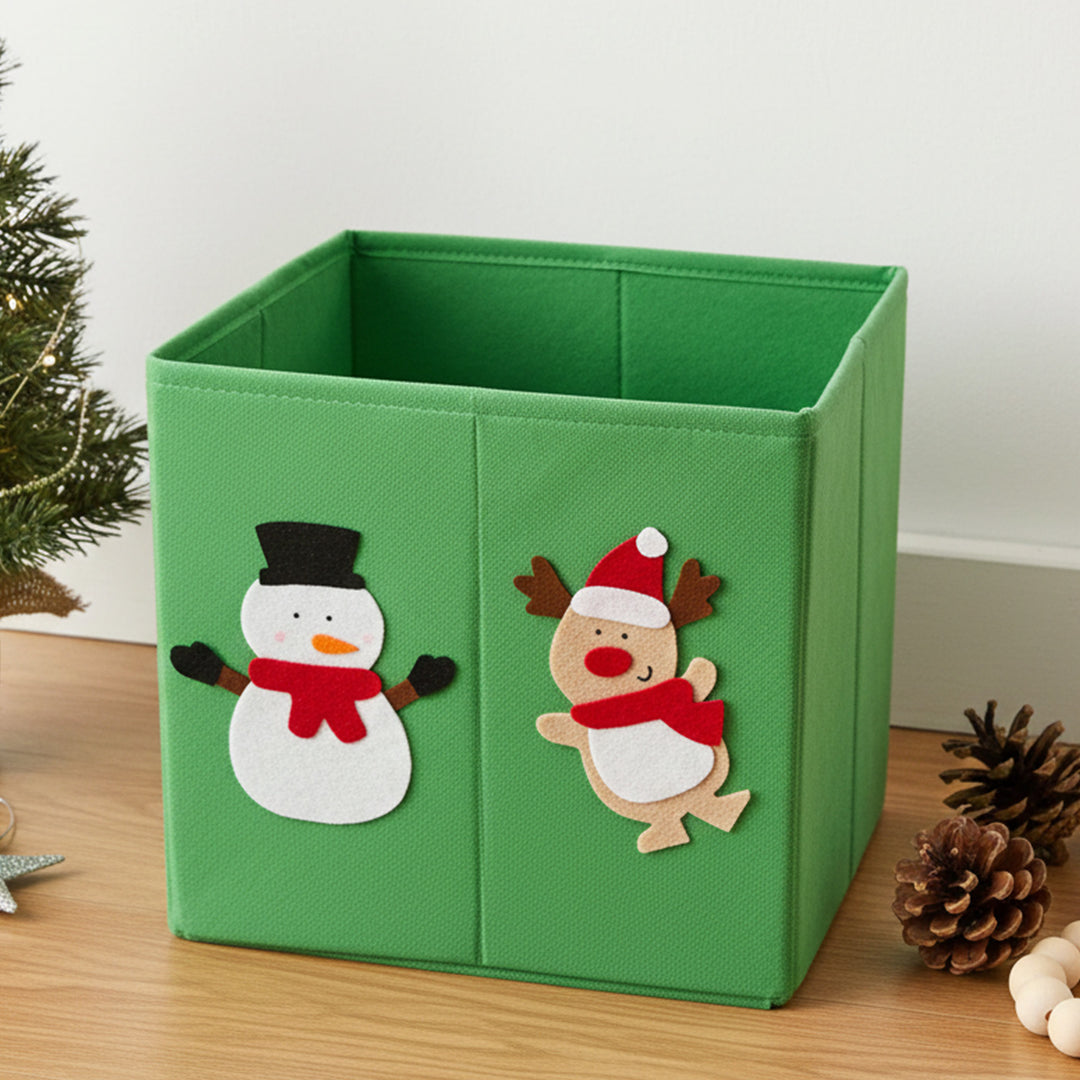 Handmade Green Snowman & Reindeer Theme Foldable Storage Basket