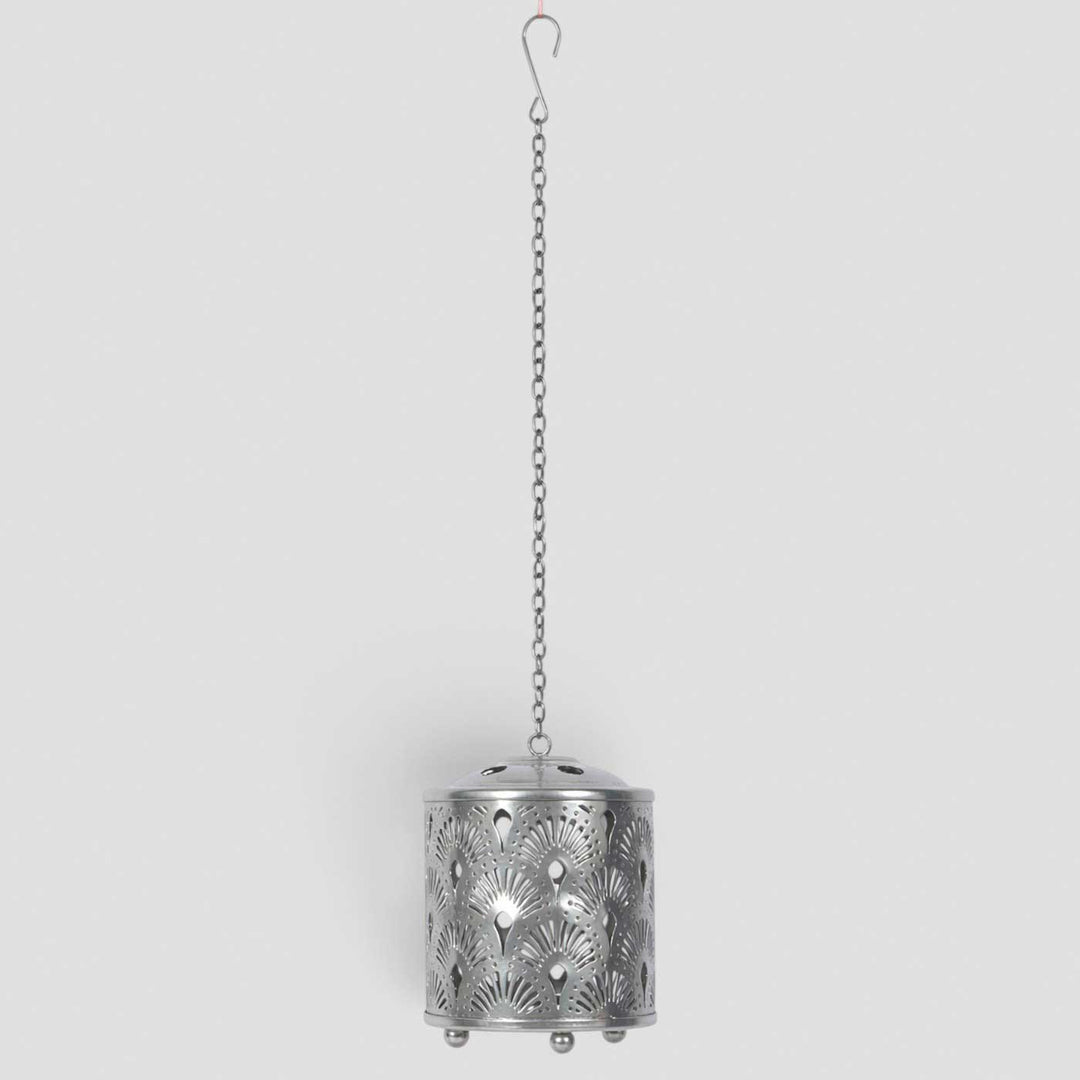 Handmade Silver Round Flower Etched Hanging Metal Tealight Holder For Festive Decor