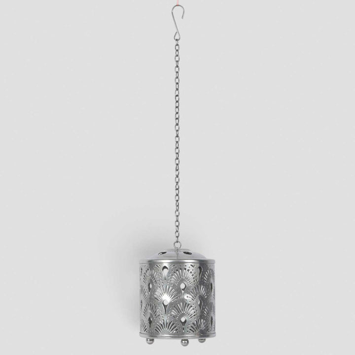 Handmade Silver Round Flower Etched Hanging Metal Tealight Holder For Festive Decor