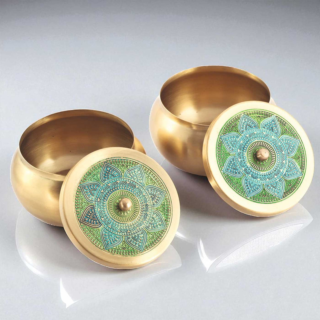 Hand-Painted Vrinda Kuliya Brass Gift Hamper | Includes 2 Containers And 1 Gift Box
