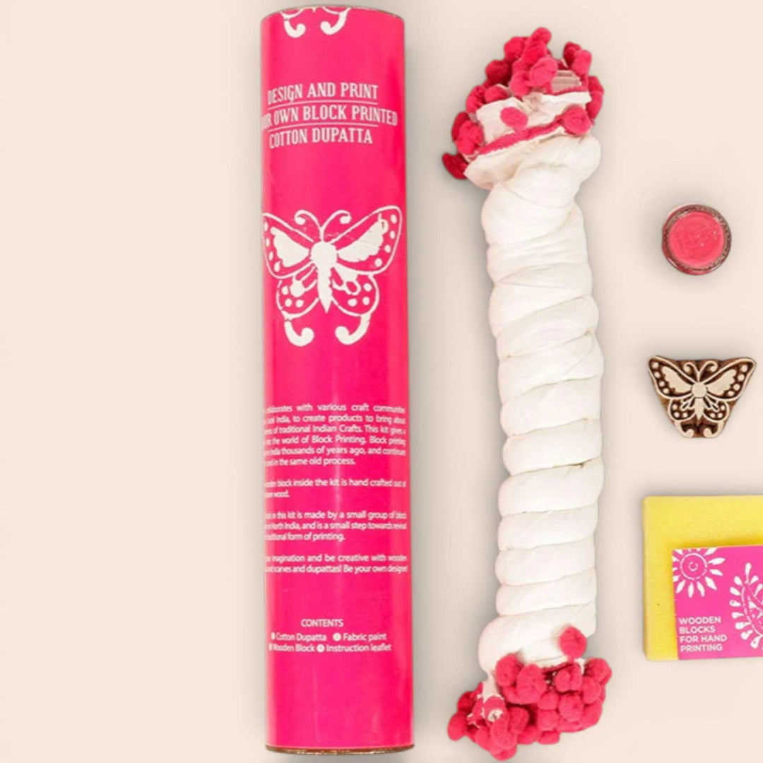 Pink Butterfly Dupatta Block Print DIY Kit | Includes 1 White cotton dupatta, 1 Fabric paint, 1 Wooden block And 1 Sponge