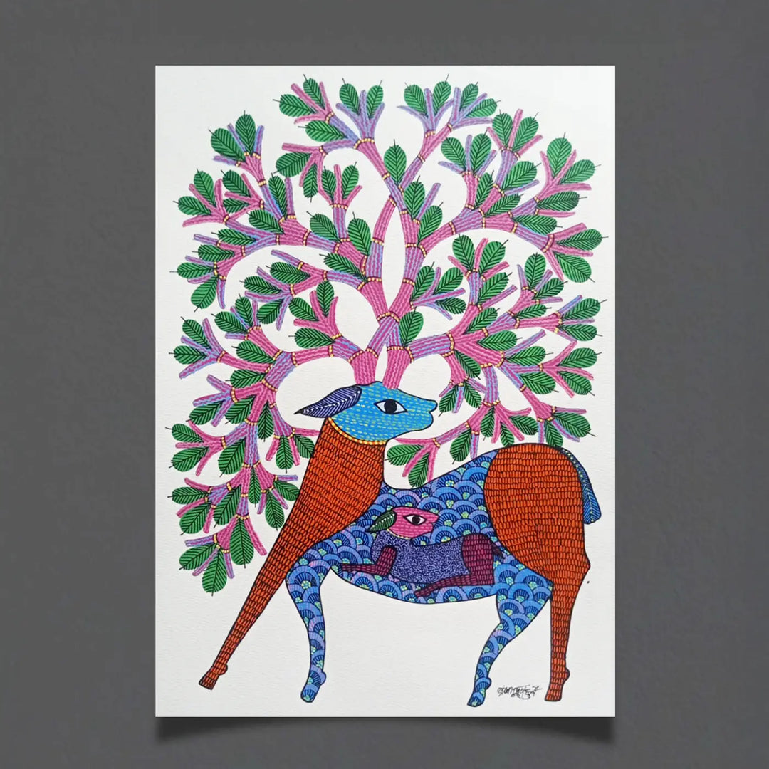 11 x 16 Inch | Deer With Tree | Original Hand Painted Tribal Gond Art Painting | Acrylic Paint On Paper