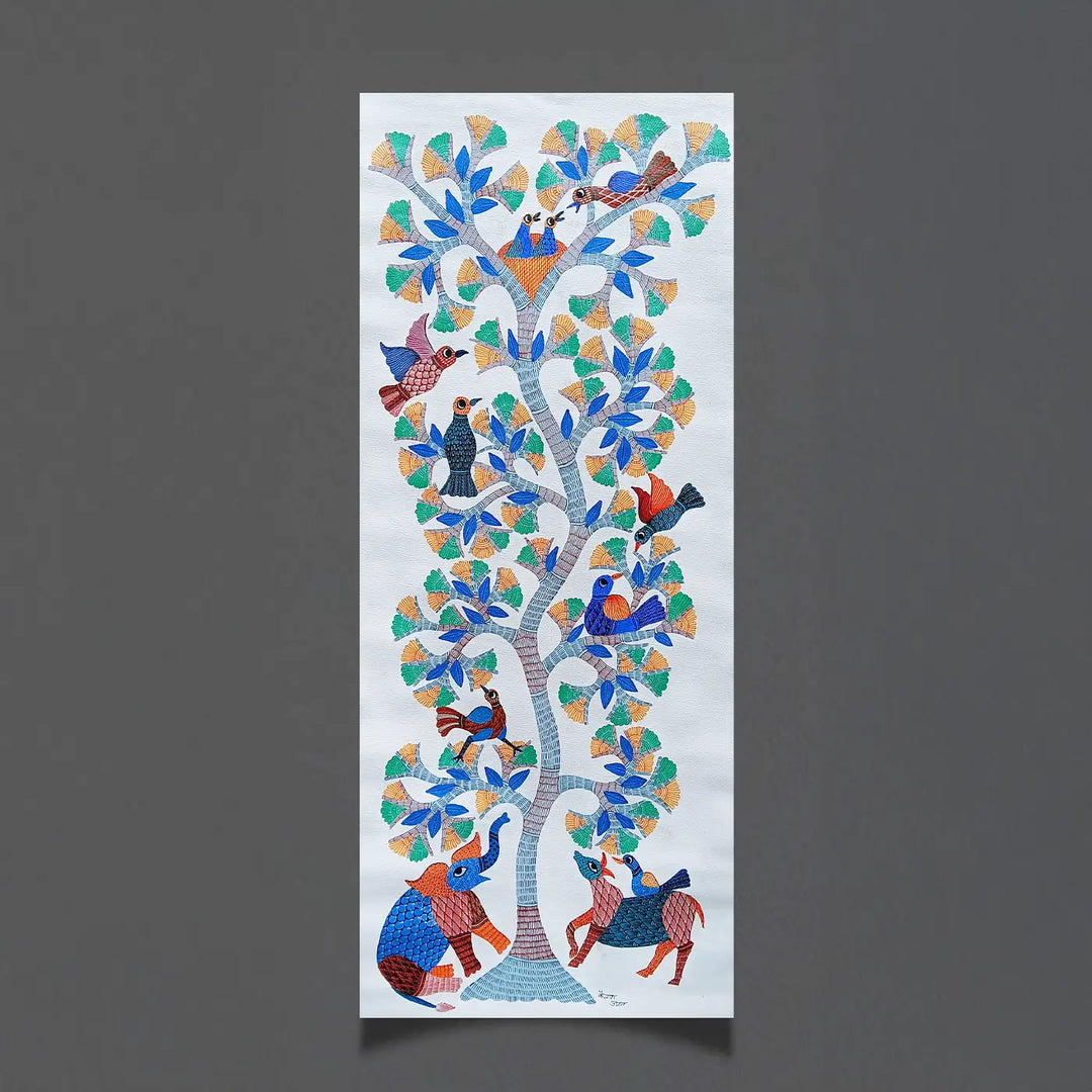 16 x 36 Inch | Birds & Animals In Tree | Original Hand painted Tribal Gond Art Painting | Acrylic Paints On Canvas