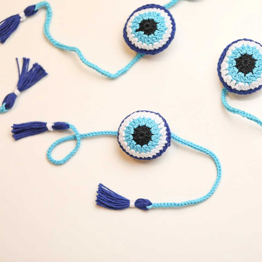 Handmade Crochet Evil Eye Design Cotton Rakhi 10 - Multiple Products Displayed