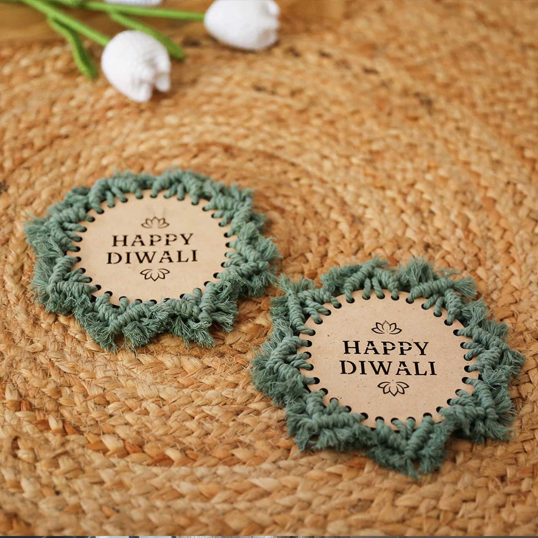 Set Of 2 | Handmade Macrame Happy Diwali Deisgn Cotton Coaster