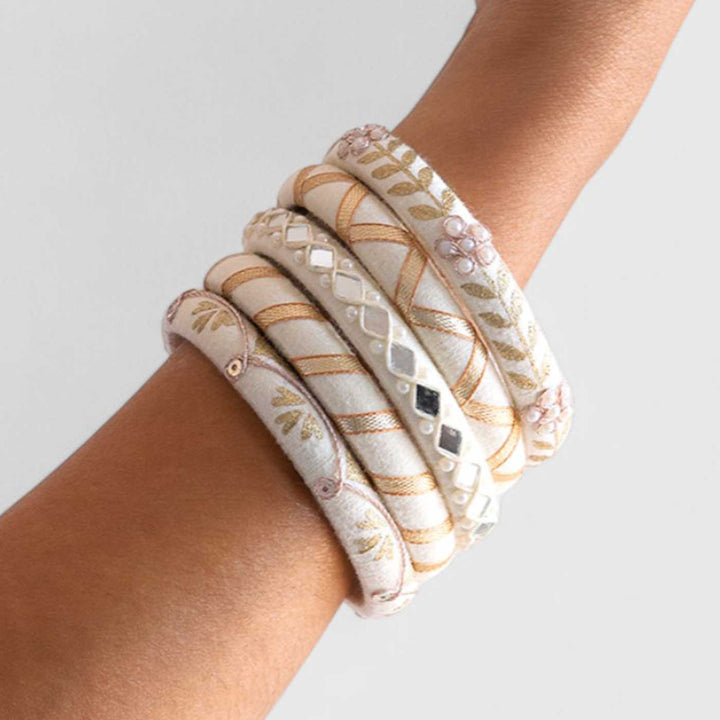 Off White Handcrafted Gotta Patti Beaded Bangles | Set of 5