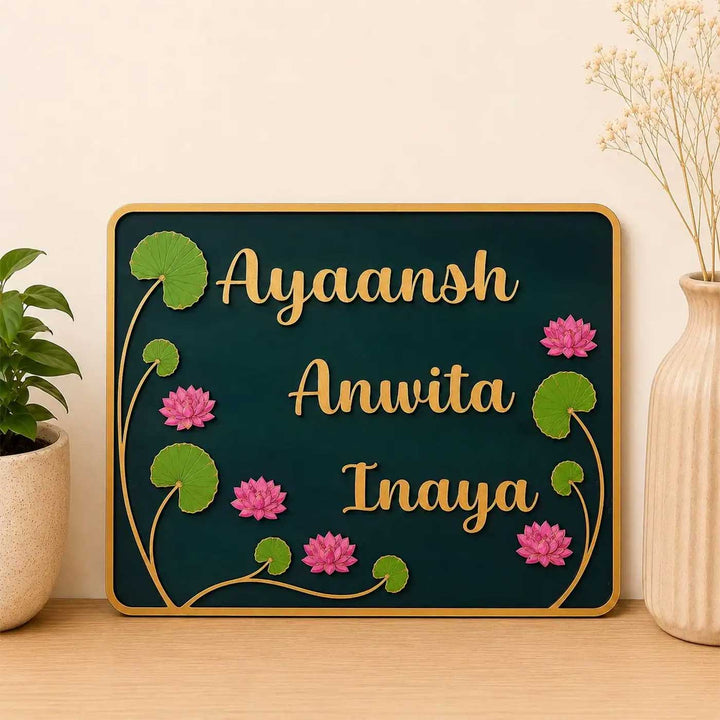 "Lotus Pond" Handcrafted Personalized MDF Wood Name Plate For Home