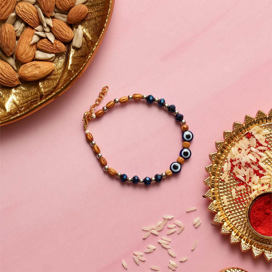 Handmade Beaded Evil Eye Rakhi With Roli Chawal