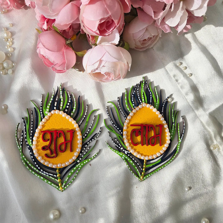 Hand-Painted Peacock Feather MDF Wood Shubh Labh Hangings | Set Of 2