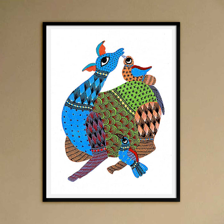 6 x 8 Inch | Deer & Birds | Original Hand painted Tribal Gond Art Painting | Acrylic Paints On Paper