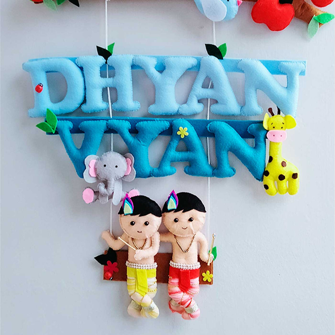 Personalized Krishna Theme Felt Kids Name Plate For Brothers