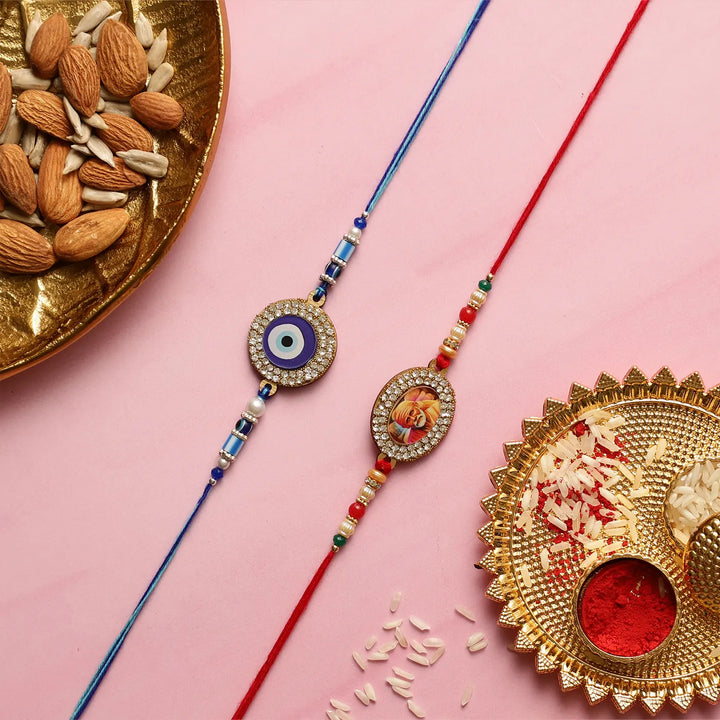 Handmade Saibaba & Evil Eye Rakhi With Roli Chawal | Set Of 2