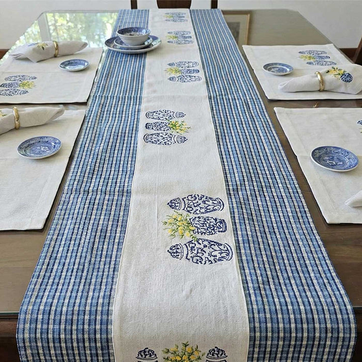 Embroidered White & Blue Pottery Cotton Table Runner