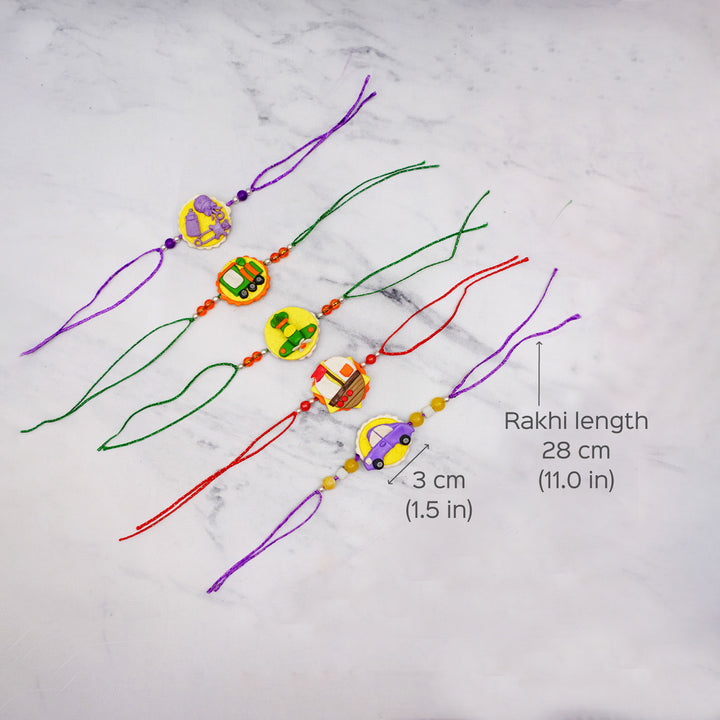 Handmade Porcelain Clay Themed Rakhi 5 - Dimension Chart with Multiple Rakhis