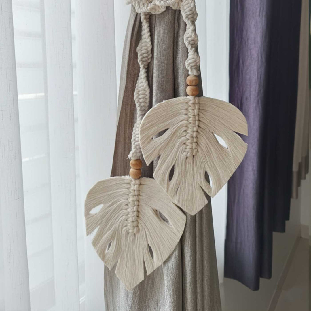 Set Of 2 | Handmade Macrame Monstera Leaft Design Cotton Curtain Tie-Back