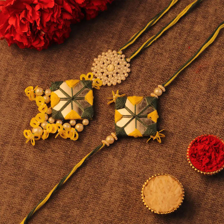 Handmade Basant Mirror Bhaiya Bhabhi Rakhi With Roli Chawal | Set Of 2