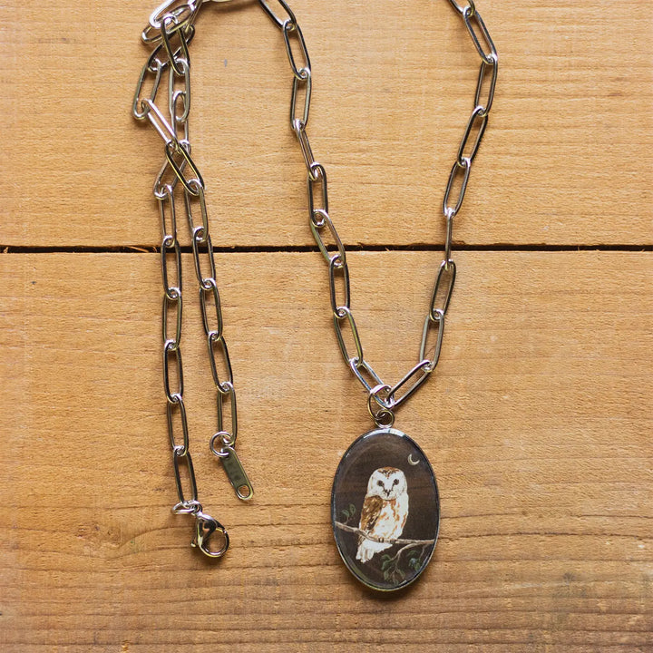 Illustrated Night Theme Owl Design Resin & Stainless Steel Necklace
