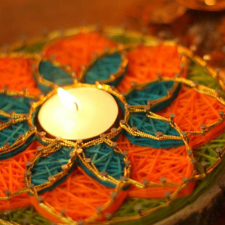 Handmade String Art Orange And Green Flower Design Mdf Wood Tealight Holder