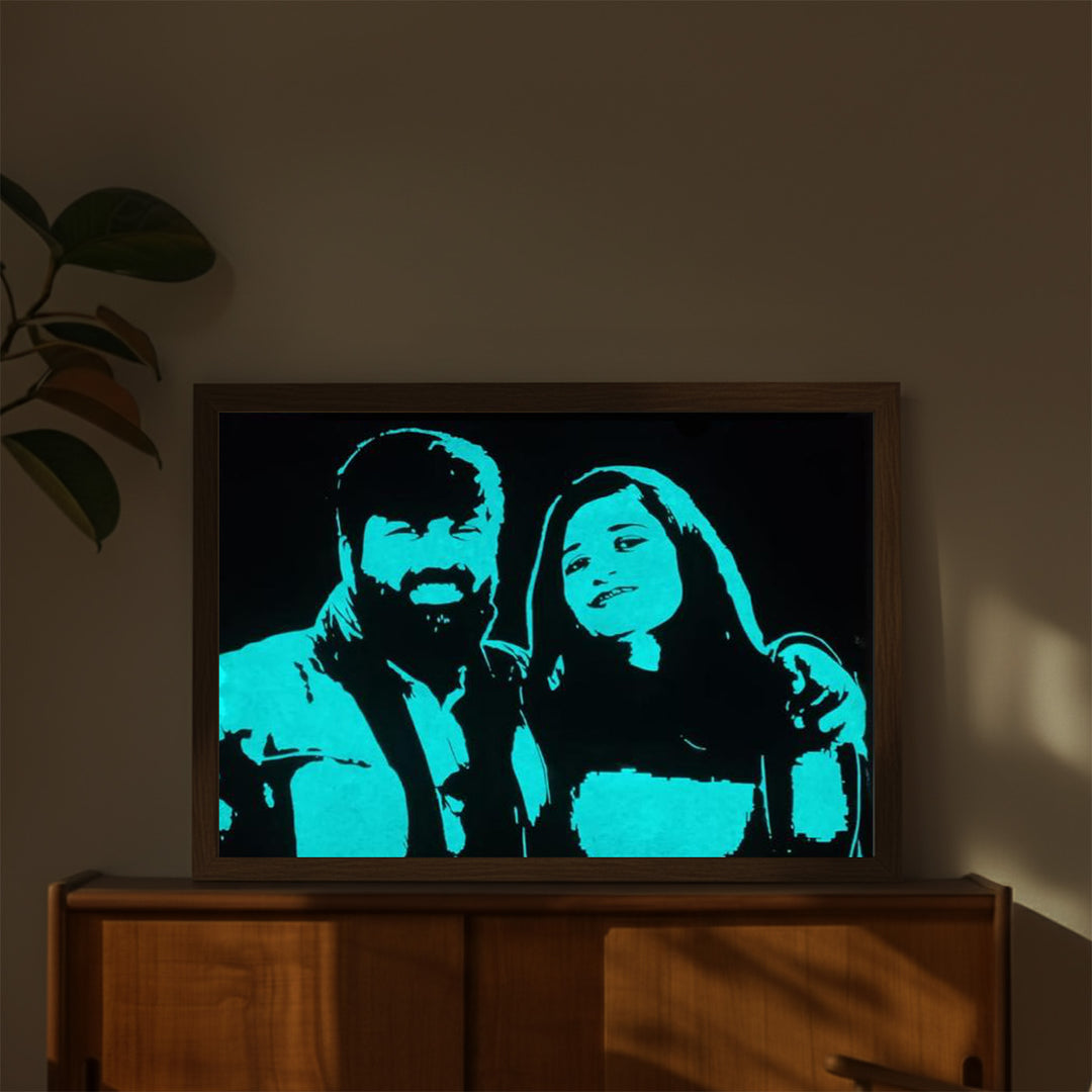 Photo Personalized Glow in the Dark Hand Illustrated Portrait With Premium Wooden Frame