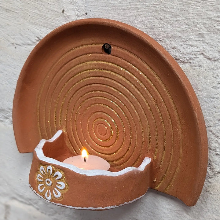 Hand-Painted Spiral Bloom Natural Terracotta Tealight Holder
