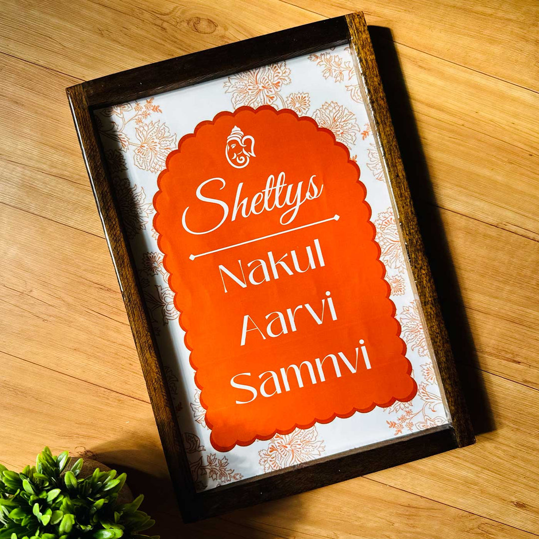 Rustic Orange Vintage Personalized Resin & Teak Wood Frame Name Plate For Home
