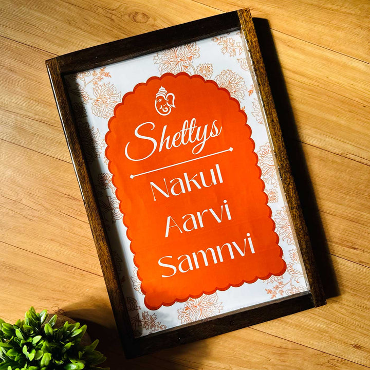 Rustic Orange Vintage Personalized Resin & Teak Wood Frame Name Plate For Home
