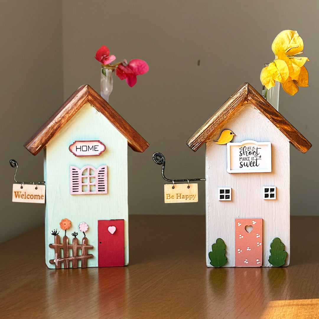 2 pc | Mint Green & Lavendar Handcrafted Miniature Wooden House Planter/Pen Holder