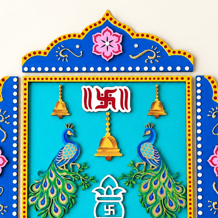 1 Pc Square & 4 Pc Border | Hand-Painted Peacock Pooja Chowki Rangoli For Festive Decor