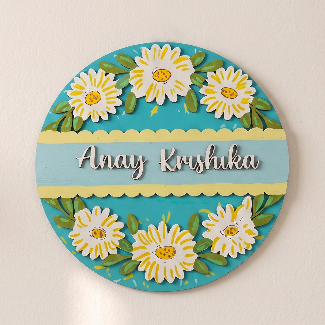 Personalised White Daisy Round Wooden Name Plate