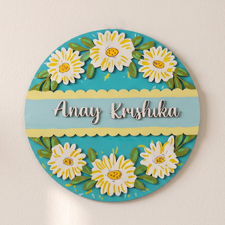 Personalised White Daisy Round Wooden Name Plate