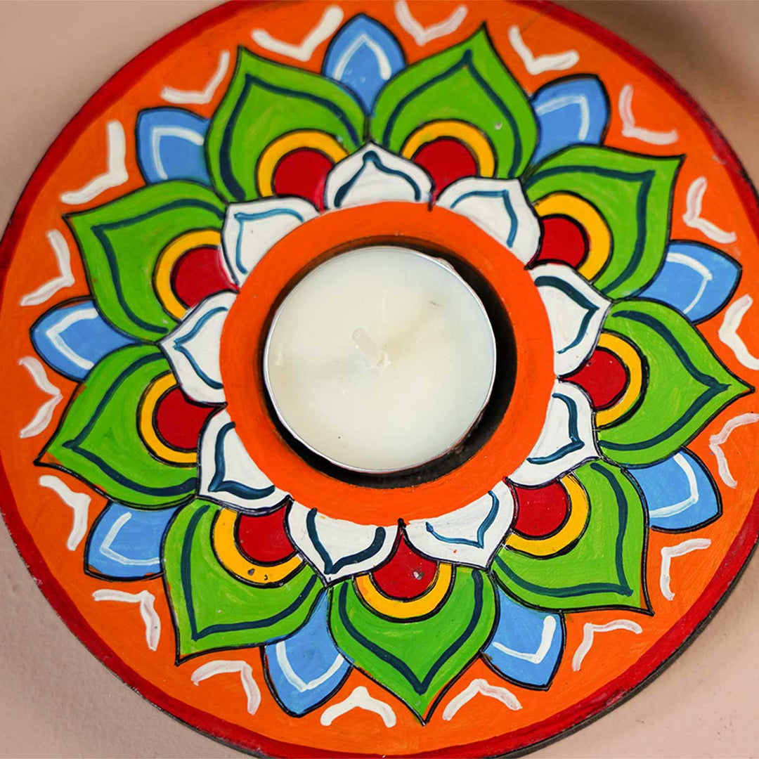 Handmade Multicolour Lotus Wooden Tealight Holder