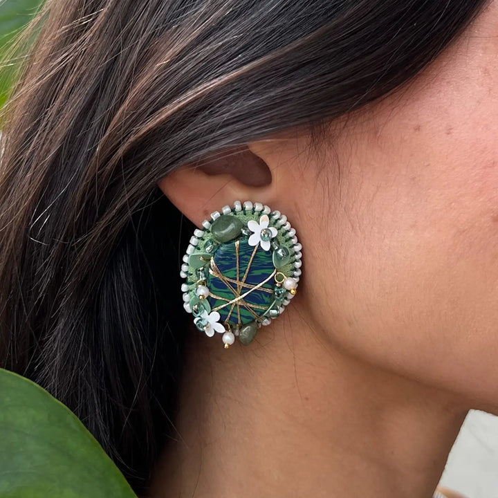 Hand Embroidered Beaded Green Round Botanical Forest Theme Cotton Earrings