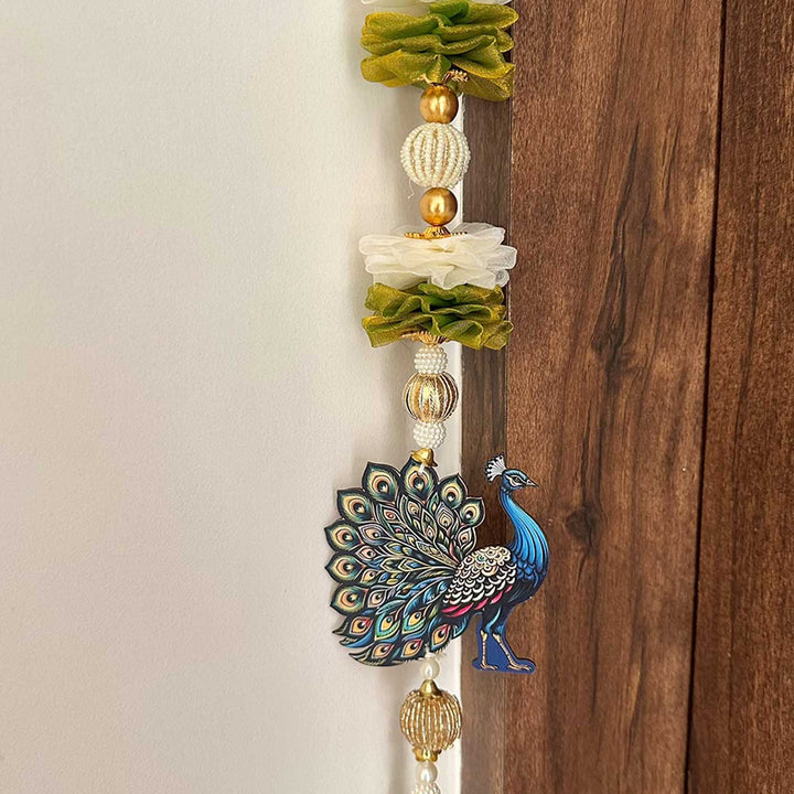 6 Pc | Handmade White & Green Peacock Hangings with Tissue Fabric Flowers & Moti Beads