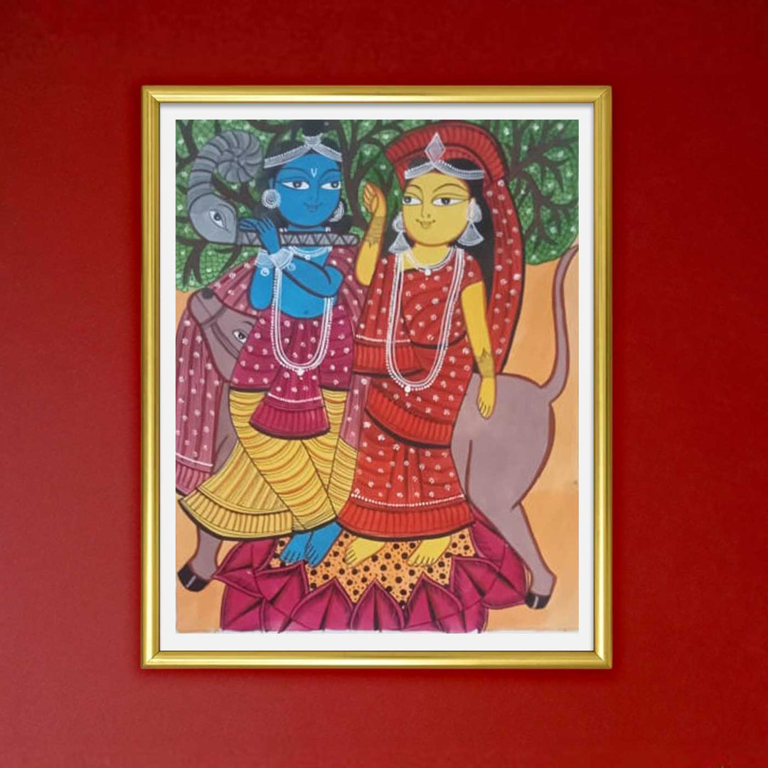 14 x 22 Inch | Radha Krishna Love | Original Hand Painted Kalighat Painting | Natural Colors On Paper