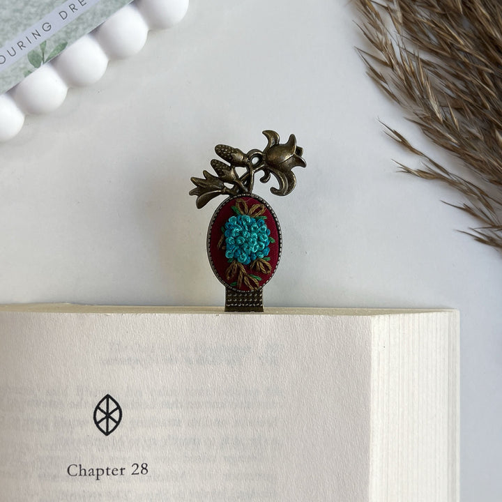 Hand Embroidered Tales In Teal Bronze Bookmark