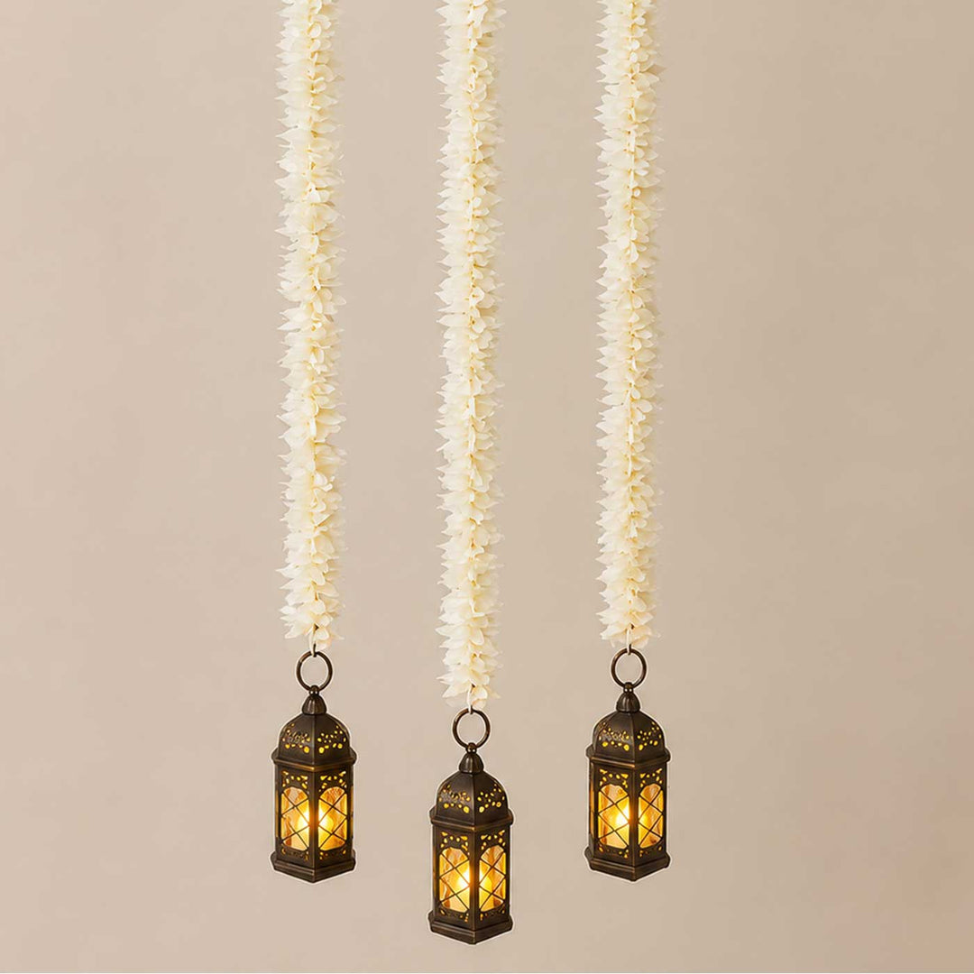Handcrafted White Artificial Flower With Black Lantern Tassels Door Hangings