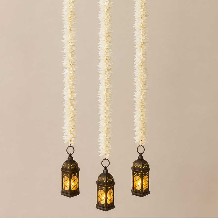 Handcrafted White Artificial Flower With Black Lantern Tassels Door Hangings