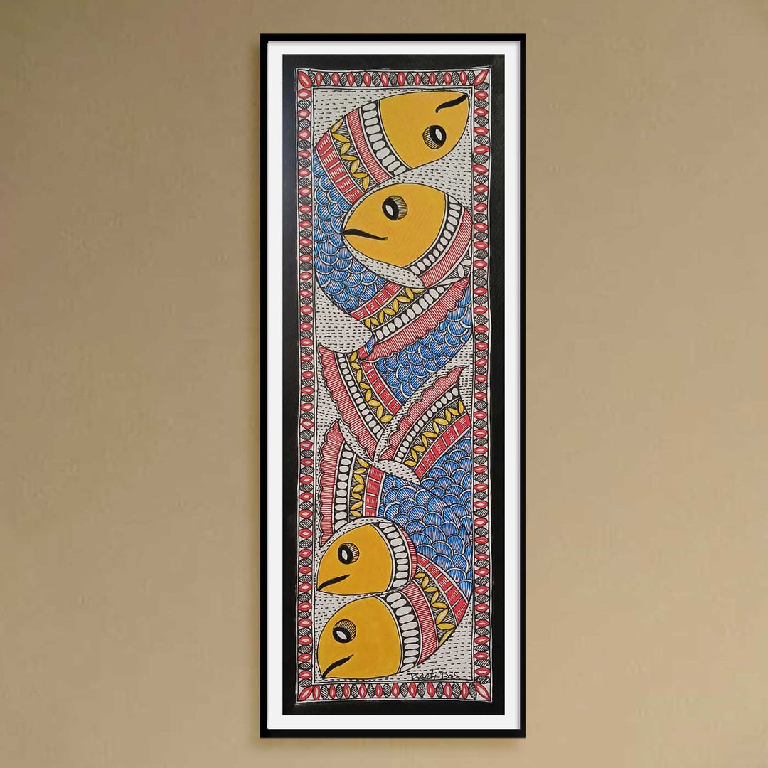 16 x 6 Inch | School Of Fish | Original Hand Painted Madhubani Painting | Acrylic Paints On Paper