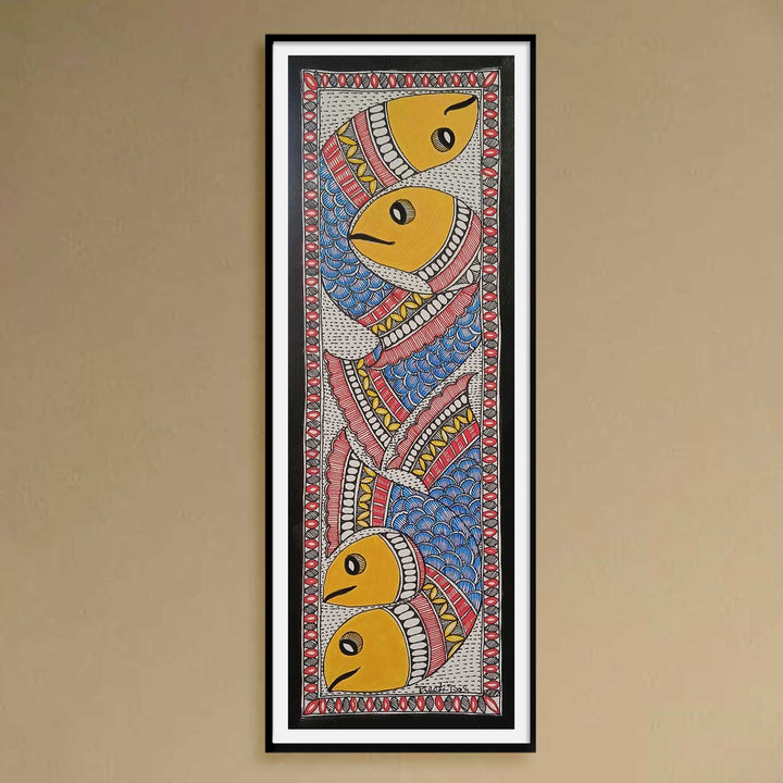 16 x 6 Inch | School Of Fish | Original Hand Painted Madhubani Painting | Acrylic Paints On Paper