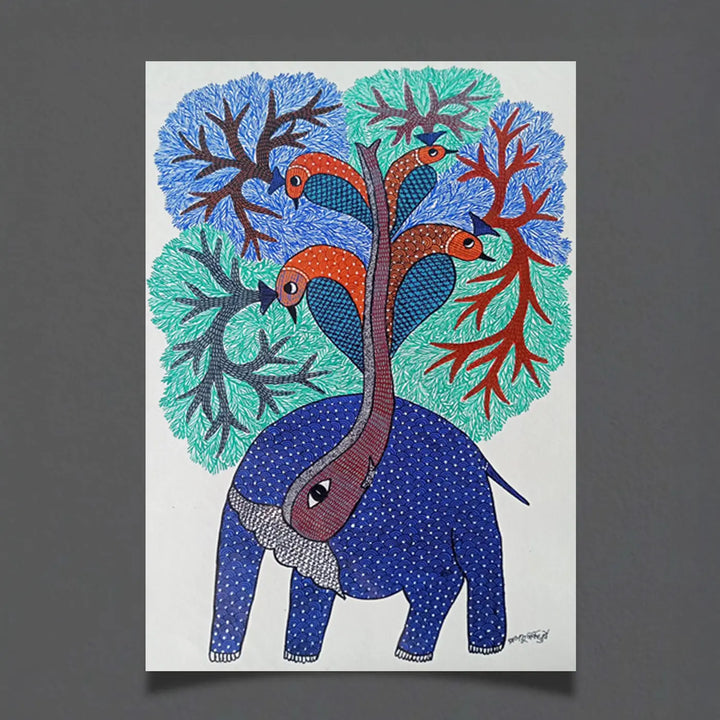16 x 23 Inch | Elephant & Peacock | Original Hand Painted Tribal Gond Art Painting | Acrylic Paint On Paper