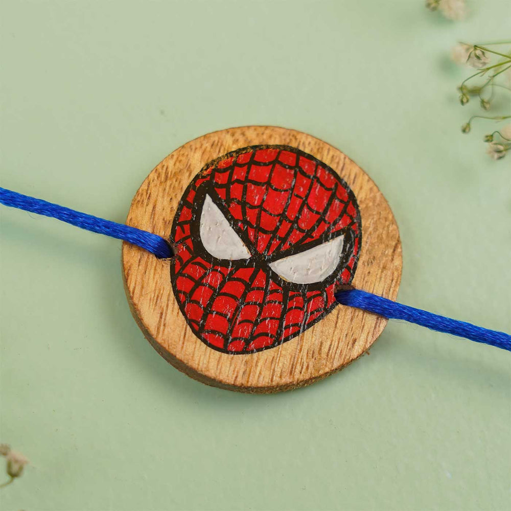 Personalized Hand Painted Spiderman Theme Wooden Rakhi With Roli Chawal - Close-up of Wooden Pendant