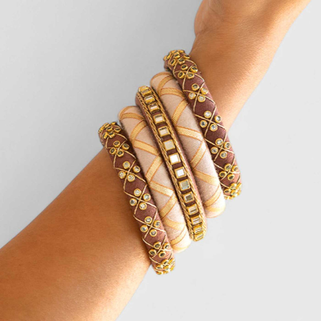 Brown & Lilac Handcrafted Kundan Bangles | Set of 5