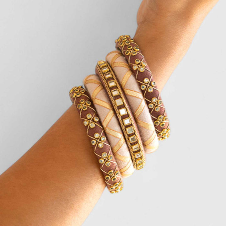 Brown & Lilac Handcrafted Kundan Bangles | Set of 5