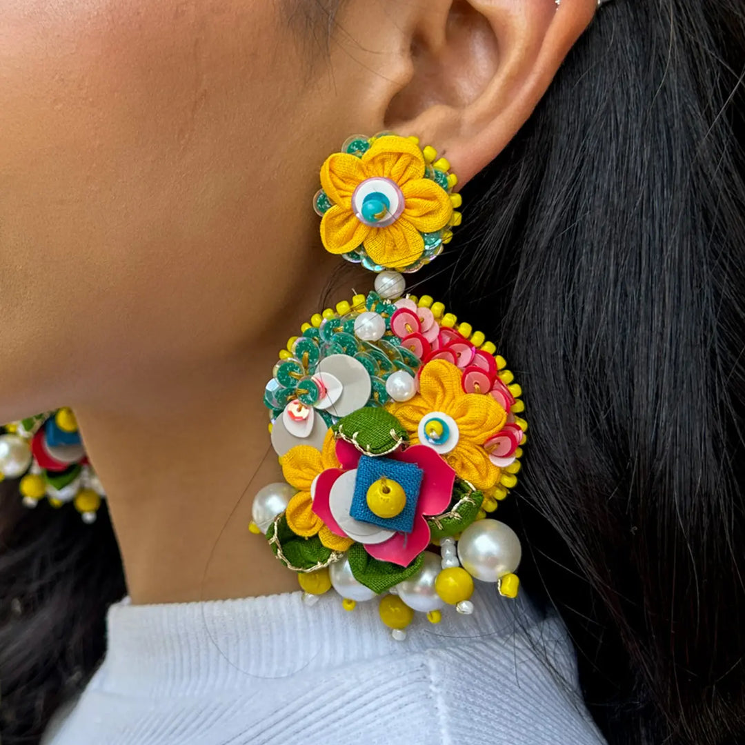 Hand Embroidered Beaded Floral Garden Of Eden Style Cotton Earrings